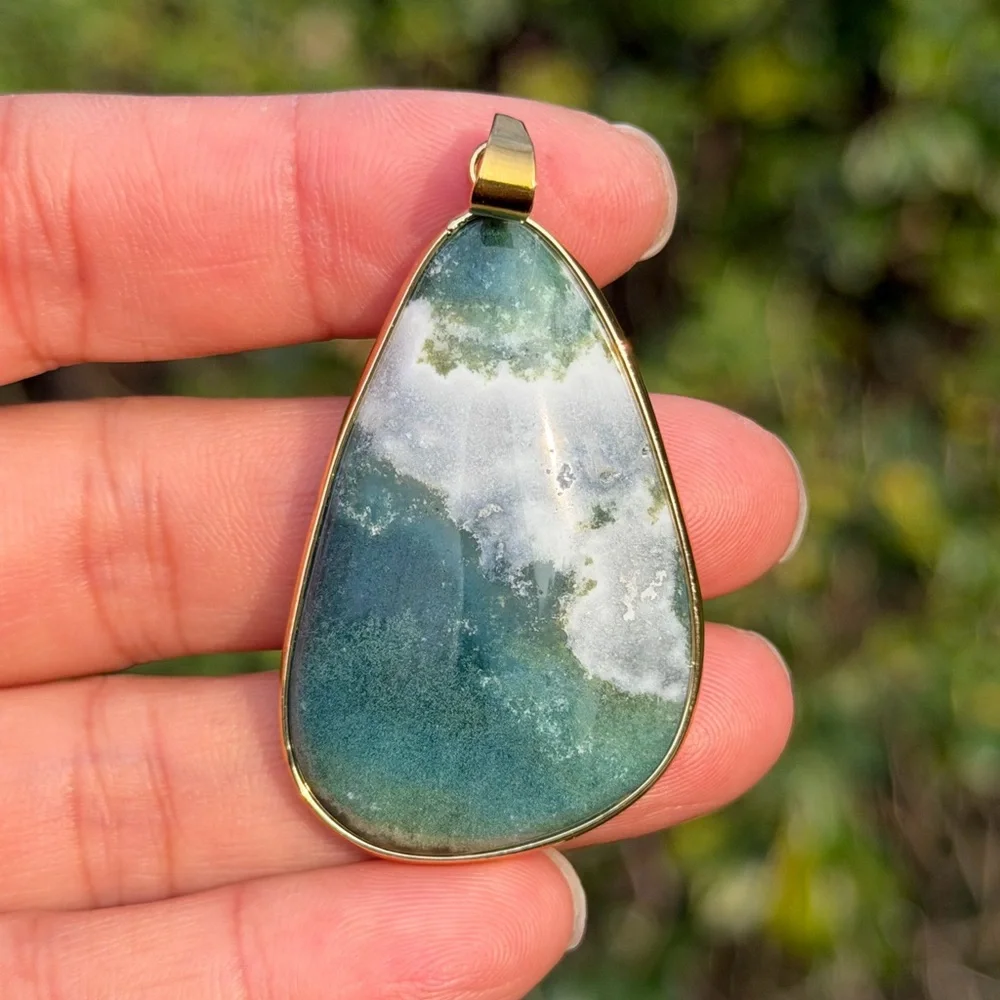 Gold plated stainless steel natural moss agate pendant‎ 1023